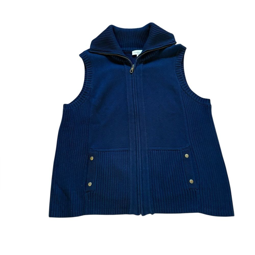 Christopher Banks Ribbed Knit Sweater Vest Navy Blue Sleeveless Zip Up Womens XL